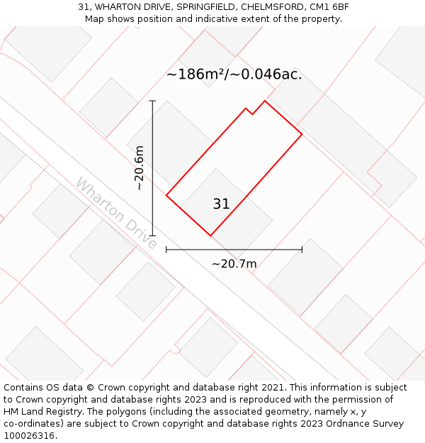 31, WHARTON DRIVE, SPRINGFIELD, CHELMSFORD, CM1 6BF: Plot and title map