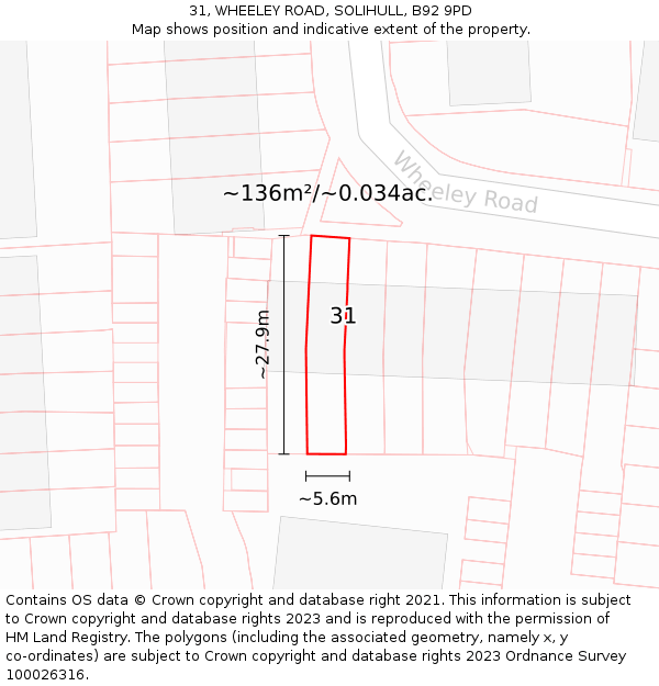 31, WHEELEY ROAD, SOLIHULL, B92 9PD: Plot and title map