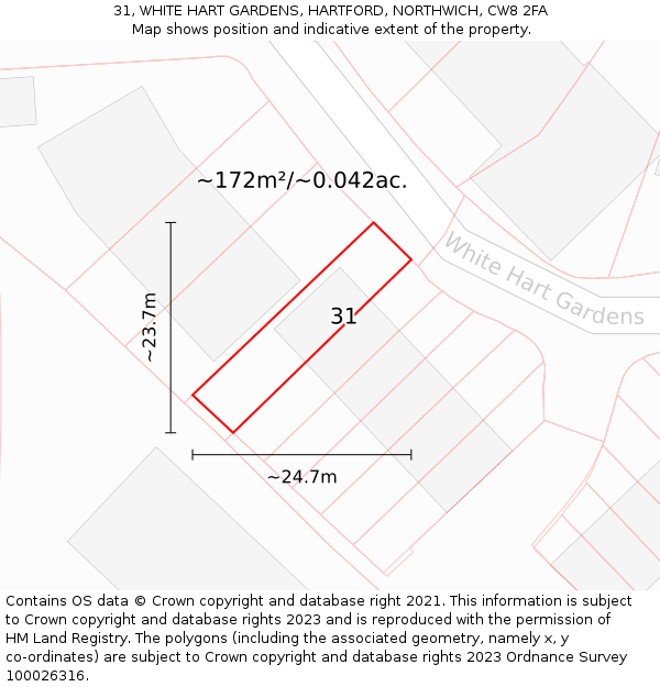 31, WHITE HART GARDENS, HARTFORD, NORTHWICH, CW8 2FA: Plot and title map