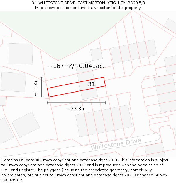 31, WHITESTONE DRIVE, EAST MORTON, KEIGHLEY, BD20 5JB: Plot and title map