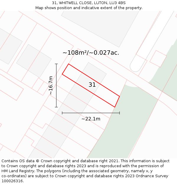 31, WHITWELL CLOSE, LUTON, LU3 4BS: Plot and title map