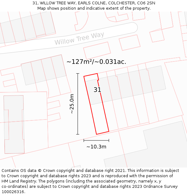 31, WILLOW TREE WAY, EARLS COLNE, COLCHESTER, CO6 2SN: Plot and title map