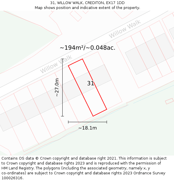 31, WILLOW WALK, CREDITON, EX17 1DD: Plot and title map