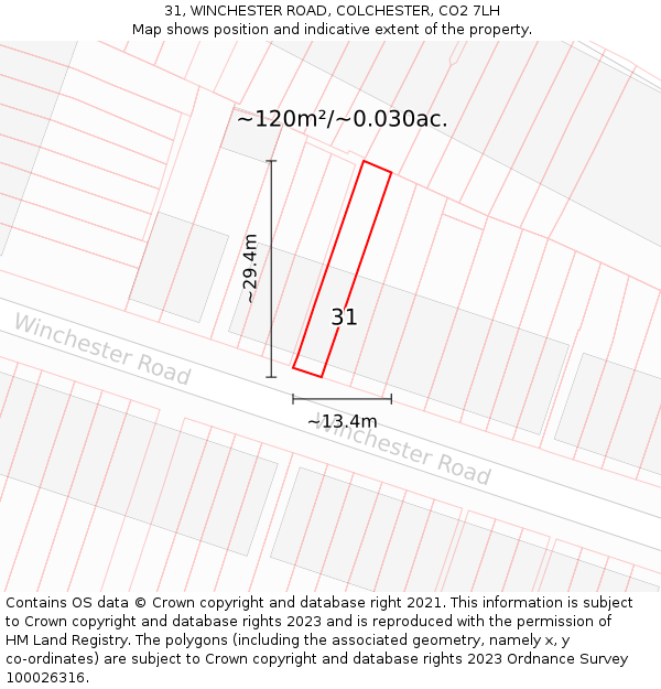 31, WINCHESTER ROAD, COLCHESTER, CO2 7LH: Plot and title map