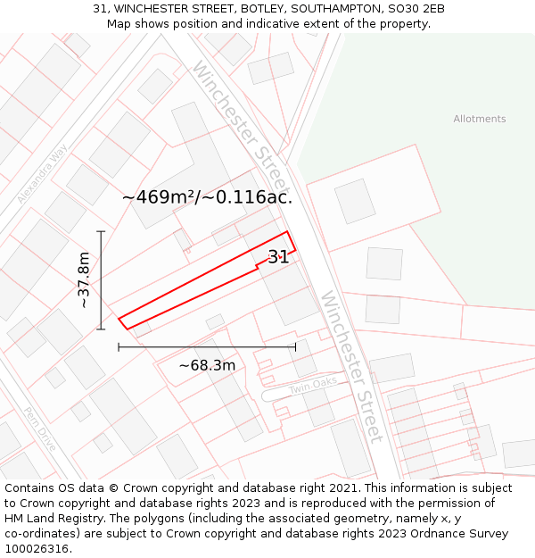 31, WINCHESTER STREET, BOTLEY, SOUTHAMPTON, SO30 2EB: Plot and title map