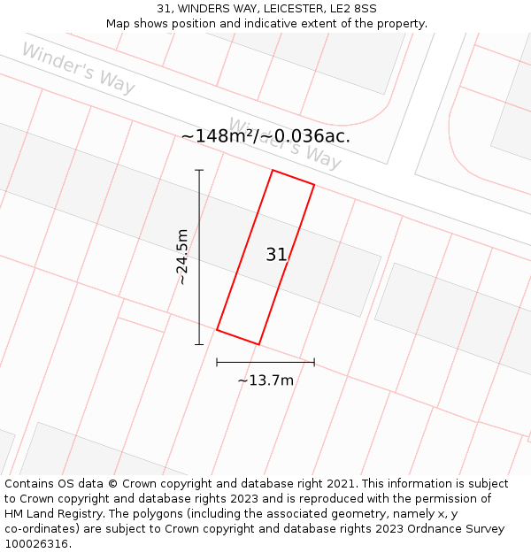 31, WINDERS WAY, LEICESTER, LE2 8SS: Plot and title map