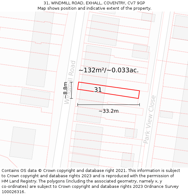 31, WINDMILL ROAD, EXHALL, COVENTRY, CV7 9GP: Plot and title map