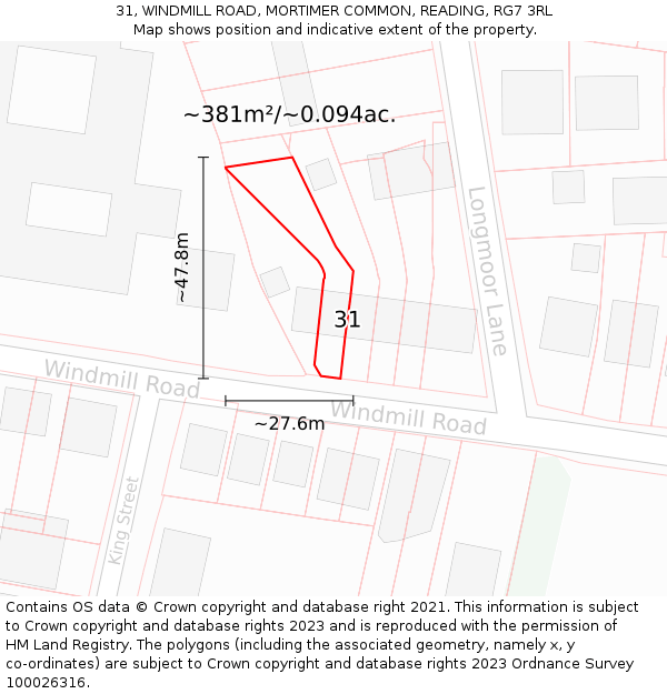 31, WINDMILL ROAD, MORTIMER COMMON, READING, RG7 3RL: Plot and title map