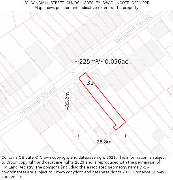 31, WINDMILL STREET, CHURCH GRESLEY, SWADLINCOTE, DE11 9PF: Plot and title map