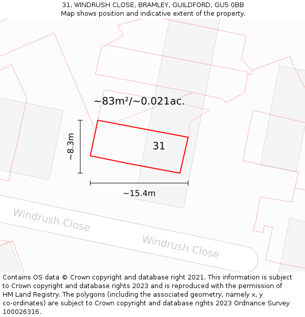 31, WINDRUSH CLOSE, BRAMLEY, GUILDFORD, GU5 0BB: Plot and title map