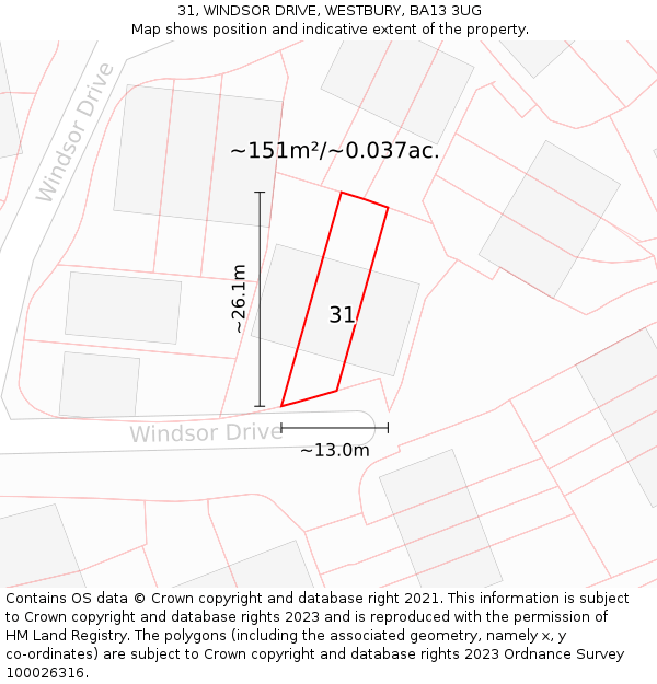 31, WINDSOR DRIVE, WESTBURY, BA13 3UG: Plot and title map