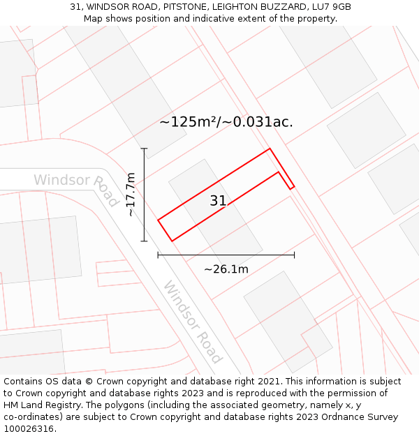 31, WINDSOR ROAD, PITSTONE, LEIGHTON BUZZARD, LU7 9GB: Plot and title map