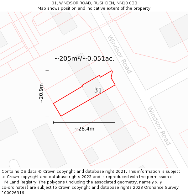 31, WINDSOR ROAD, RUSHDEN, NN10 0BB: Plot and title map