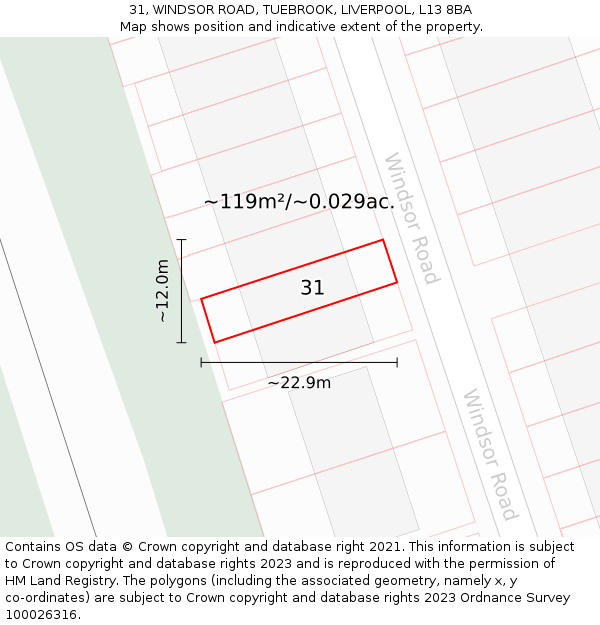 31, WINDSOR ROAD, TUEBROOK, LIVERPOOL, L13 8BA: Plot and title map
