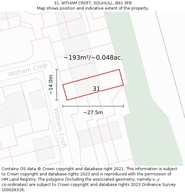 31, WITHAM CROFT, SOLIHULL, B91 3FB: Plot and title map