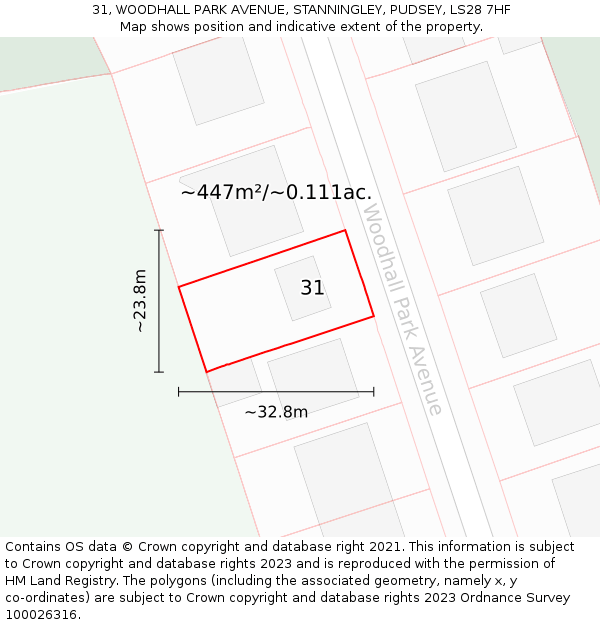 31, WOODHALL PARK AVENUE, STANNINGLEY, PUDSEY, LS28 7HF: Plot and title map