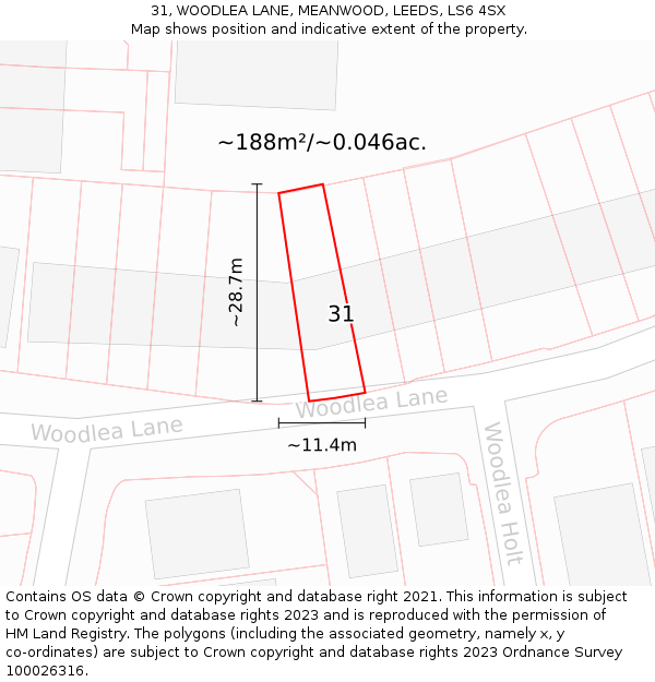 31, WOODLEA LANE, MEANWOOD, LEEDS, LS6 4SX: Plot and title map