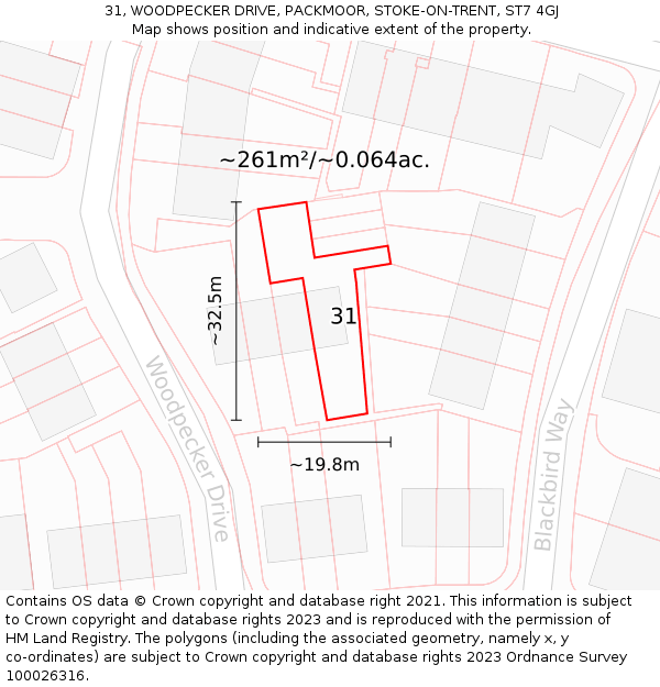 31, WOODPECKER DRIVE, PACKMOOR, STOKE-ON-TRENT, ST7 4GJ: Plot and title map