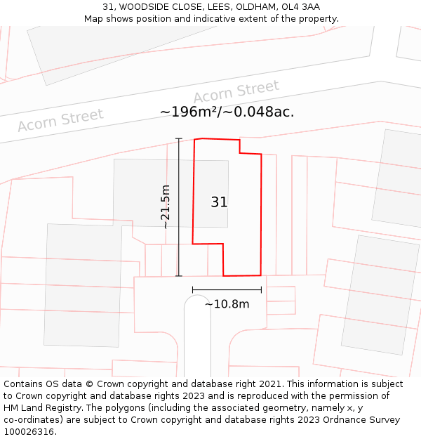 31, WOODSIDE CLOSE, LEES, OLDHAM, OL4 3AA: Plot and title map
