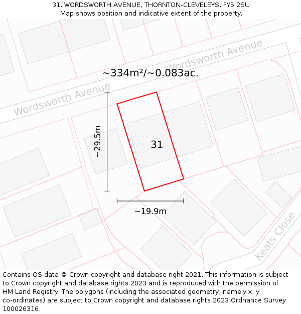 31, WORDSWORTH AVENUE, THORNTON-CLEVELEYS, FY5 2SU: Plot and title map