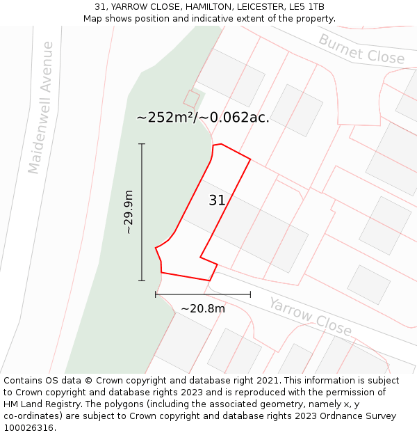 31, YARROW CLOSE, HAMILTON, LEICESTER, LE5 1TB: Plot and title map