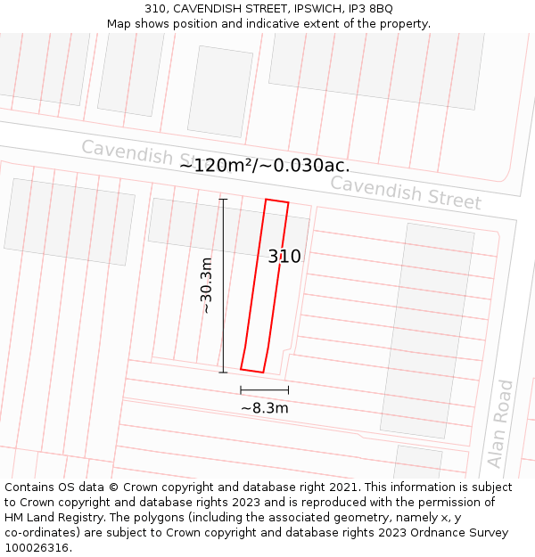 310, CAVENDISH STREET, IPSWICH, IP3 8BQ: Plot and title map