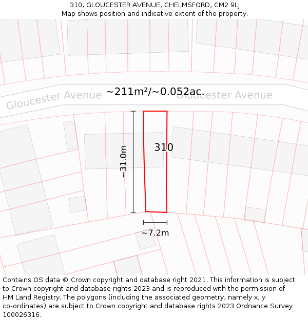 310, GLOUCESTER AVENUE, CHELMSFORD, CM2 9LJ: Plot and title map