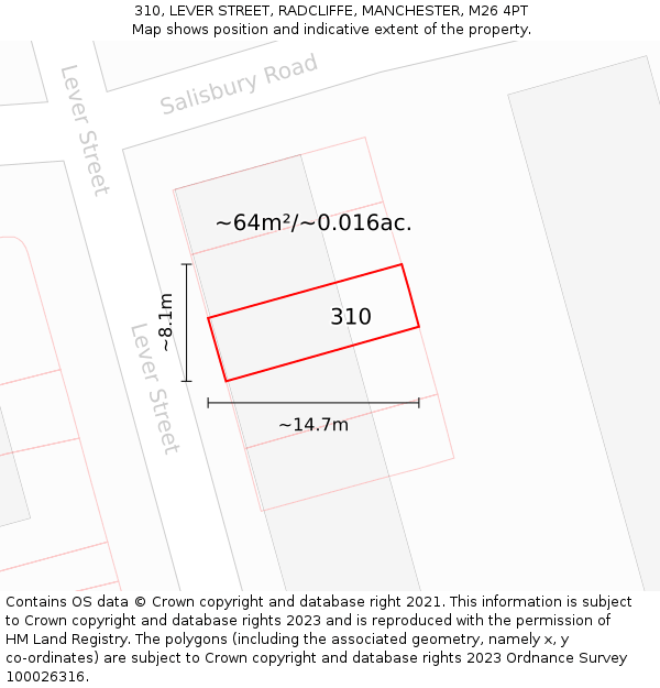 310, LEVER STREET, RADCLIFFE, MANCHESTER, M26 4PT: Plot and title map