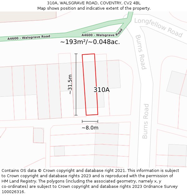 310A, WALSGRAVE ROAD, COVENTRY, CV2 4BL: Plot and title map