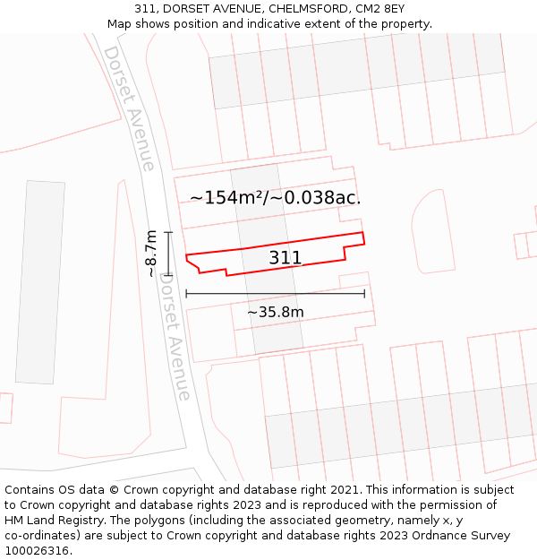 311, DORSET AVENUE, CHELMSFORD, CM2 8EY: Plot and title map