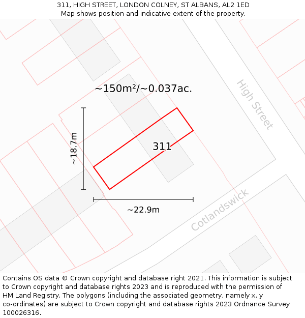 311, HIGH STREET, LONDON COLNEY, ST ALBANS, AL2 1ED: Plot and title map