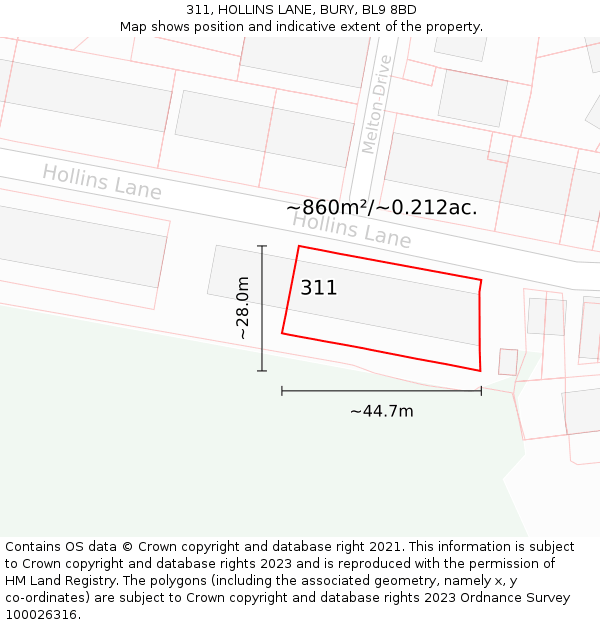 311, HOLLINS LANE, BURY, BL9 8BD: Plot and title map