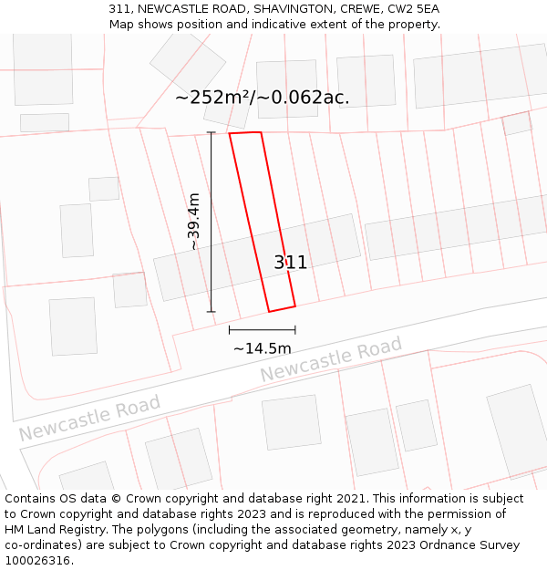 311, NEWCASTLE ROAD, SHAVINGTON, CREWE, CW2 5EA: Plot and title map
