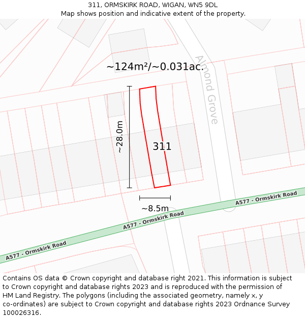 311, ORMSKIRK ROAD, WIGAN, WN5 9DL: Plot and title map