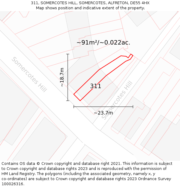 311, SOMERCOTES HILL, SOMERCOTES, ALFRETON, DE55 4HX: Plot and title map