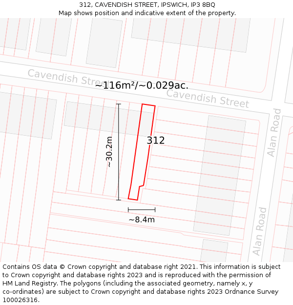 312, CAVENDISH STREET, IPSWICH, IP3 8BQ: Plot and title map