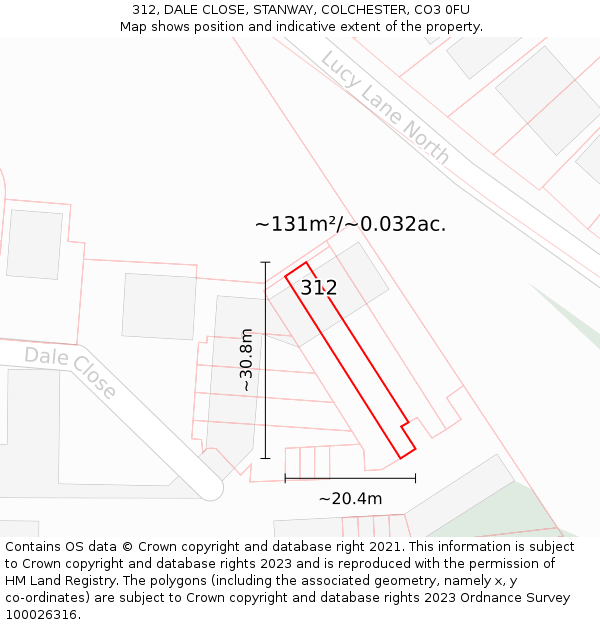 312, DALE CLOSE, STANWAY, COLCHESTER, CO3 0FU: Plot and title map
