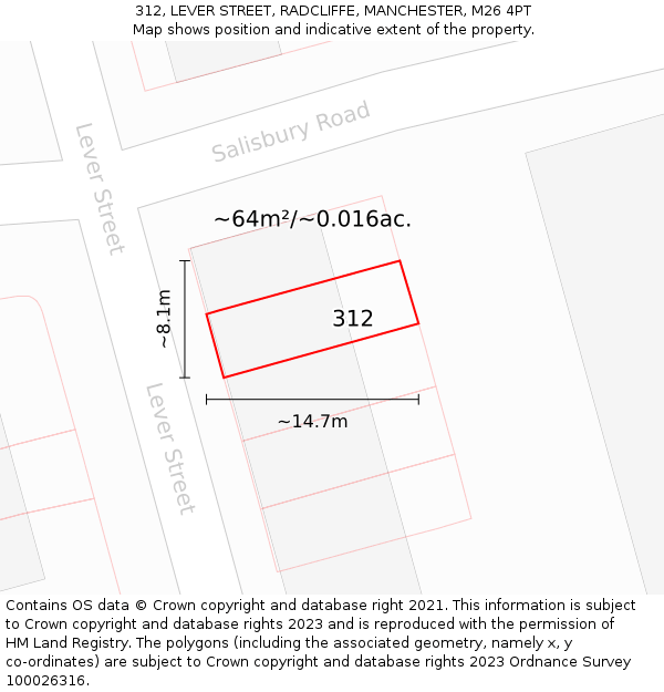 312, LEVER STREET, RADCLIFFE, MANCHESTER, M26 4PT: Plot and title map