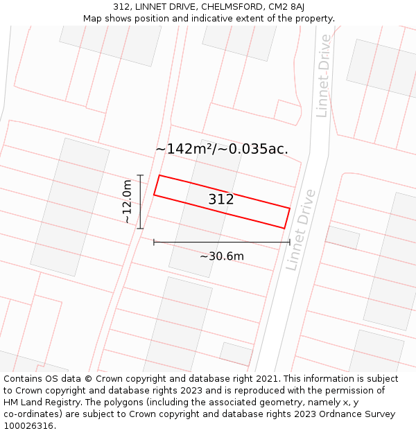 312, LINNET DRIVE, CHELMSFORD, CM2 8AJ: Plot and title map