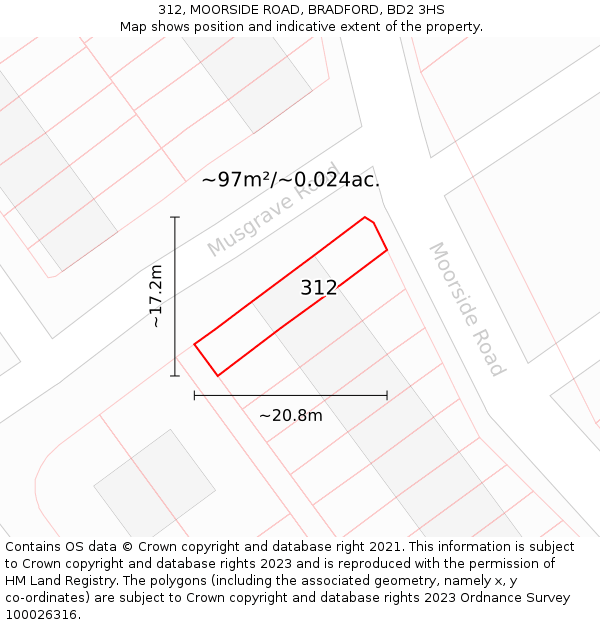 312, MOORSIDE ROAD, BRADFORD, BD2 3HS: Plot and title map