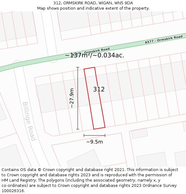 312, ORMSKIRK ROAD, WIGAN, WN5 9DA: Plot and title map