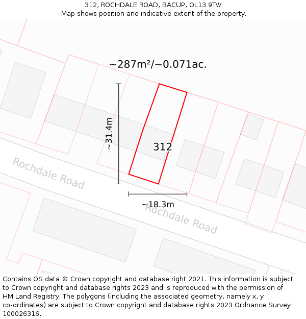 312, ROCHDALE ROAD, BACUP, OL13 9TW: Plot and title map