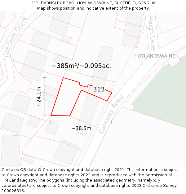 313, BARNSLEY ROAD, HOYLANDSWAINE, SHEFFIELD, S36 7HA: Plot and title map