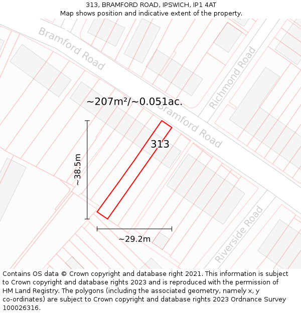 313, BRAMFORD ROAD, IPSWICH, IP1 4AT: Plot and title map