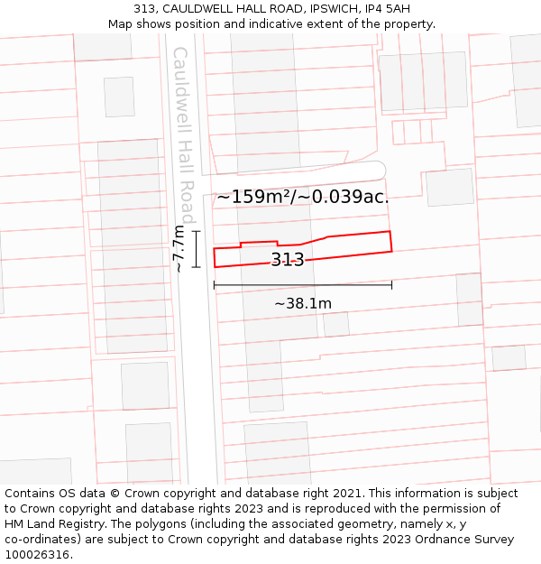 313, CAULDWELL HALL ROAD, IPSWICH, IP4 5AH: Plot and title map
