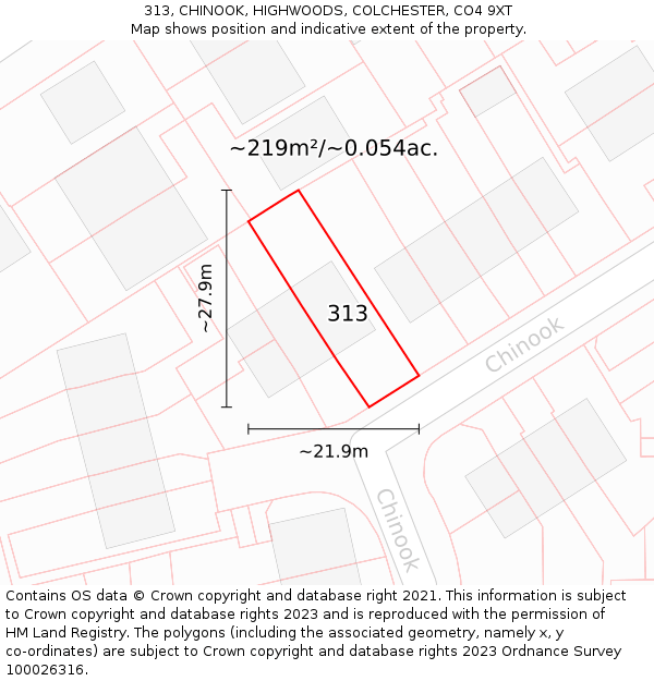 313, CHINOOK, HIGHWOODS, COLCHESTER, CO4 9XT: Plot and title map