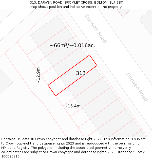 313, DARWEN ROAD, BROMLEY CROSS, BOLTON, BL7 9BT: Plot and title map