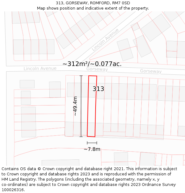 313, GORSEWAY, ROMFORD, RM7 0SD: Plot and title map