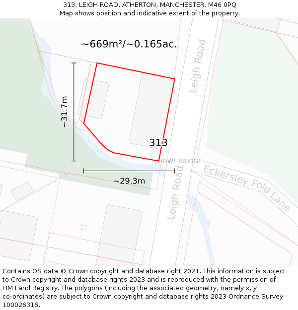 313, LEIGH ROAD, ATHERTON, MANCHESTER, M46 0PQ: Plot and title map