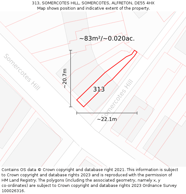 313, SOMERCOTES HILL, SOMERCOTES, ALFRETON, DE55 4HX: Plot and title map